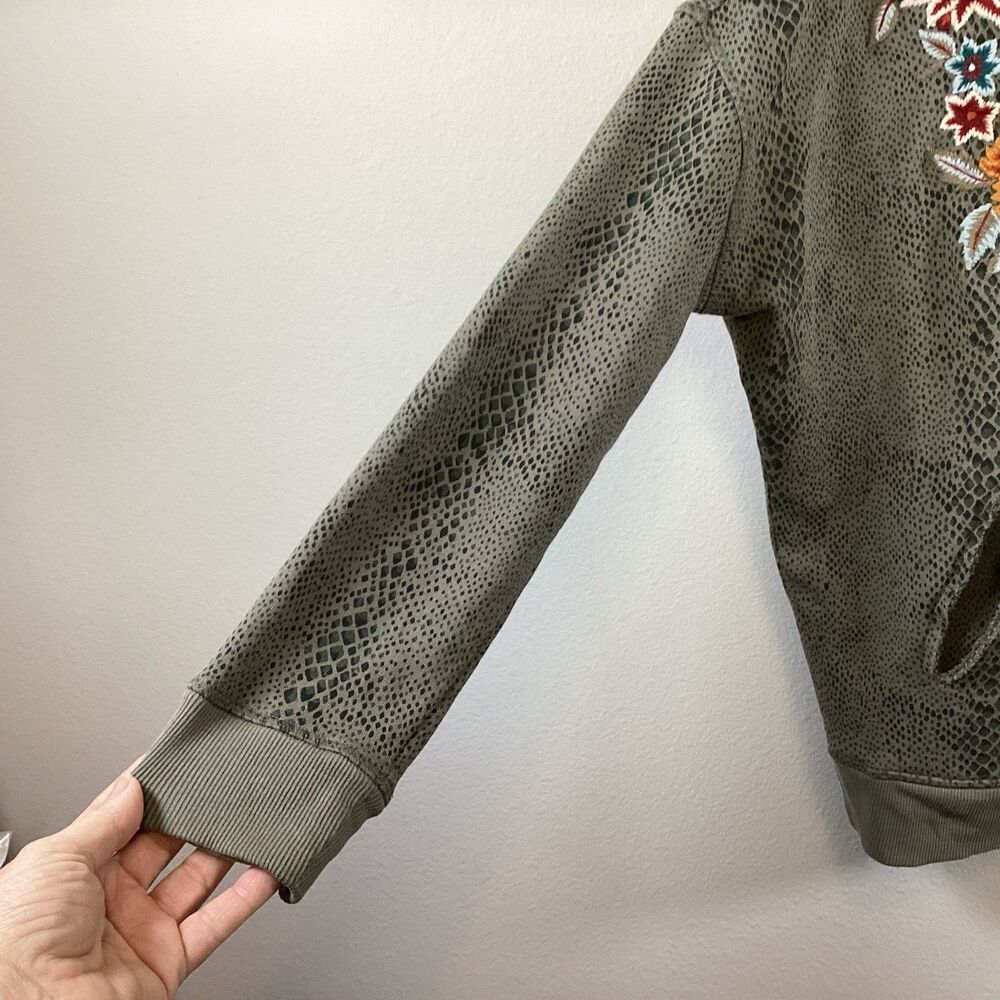 Caite Full Zip Hoodie Floral Embroidered Jacket Green Snakeskin Print Medium - Picture 6 of 10